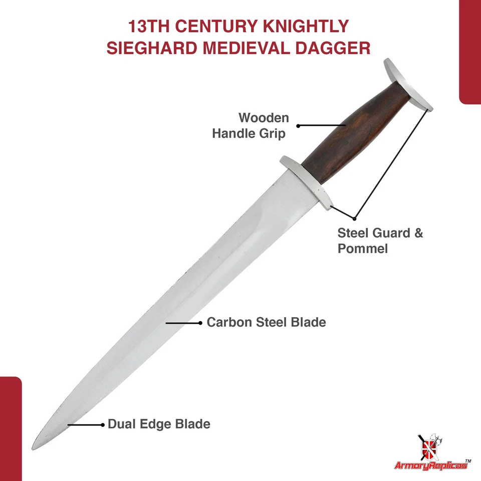 13th Century Knightly Sieghard Medieval Dagger Steel Full Tang Unsharpened LARP - Image 3 of 4