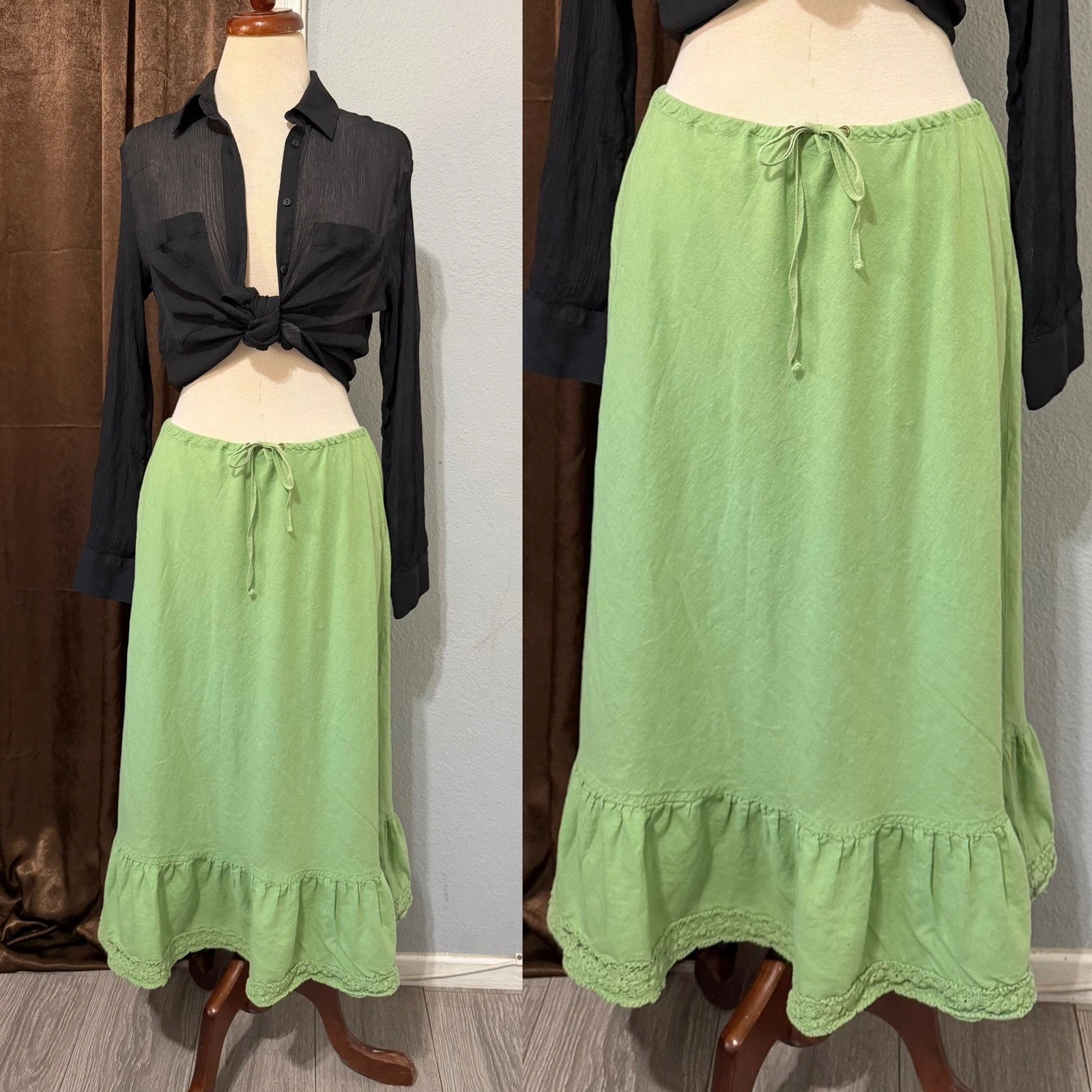 Vintage Y2K Bass Green Linen Cotton Midi Skirt Size XS Ruffle Hem Crochet Trim