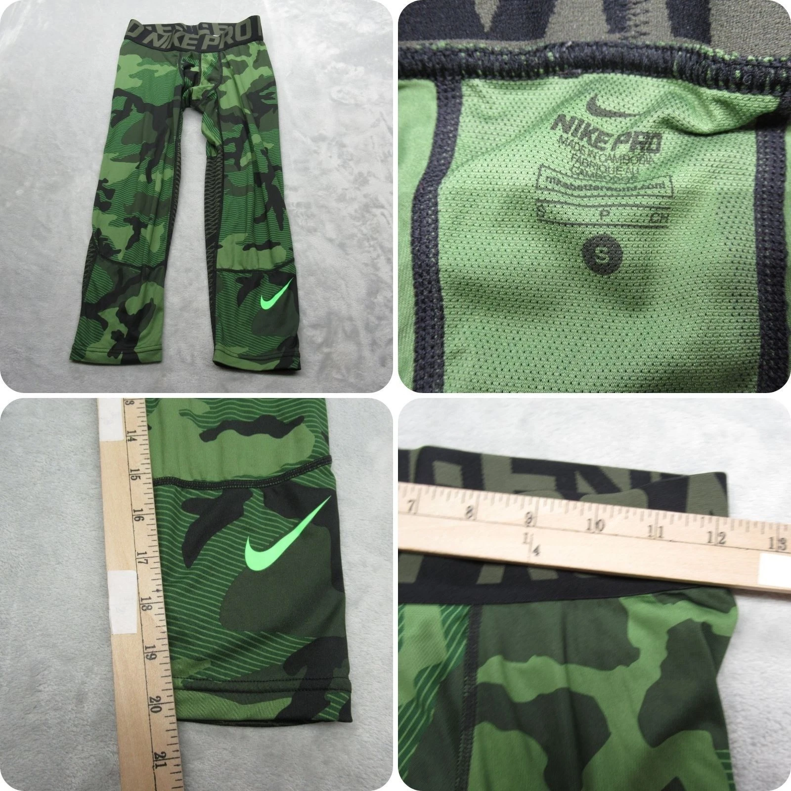 Nike Pro Pants Mens Small Green Woodland Camo Compression Quarter Tights 24x20