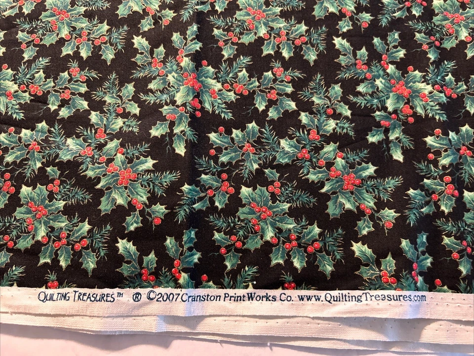 Treasured Traditions Cotton Holly Red Berry Green Leaf Metallic Gold Black - Image 3 of 3