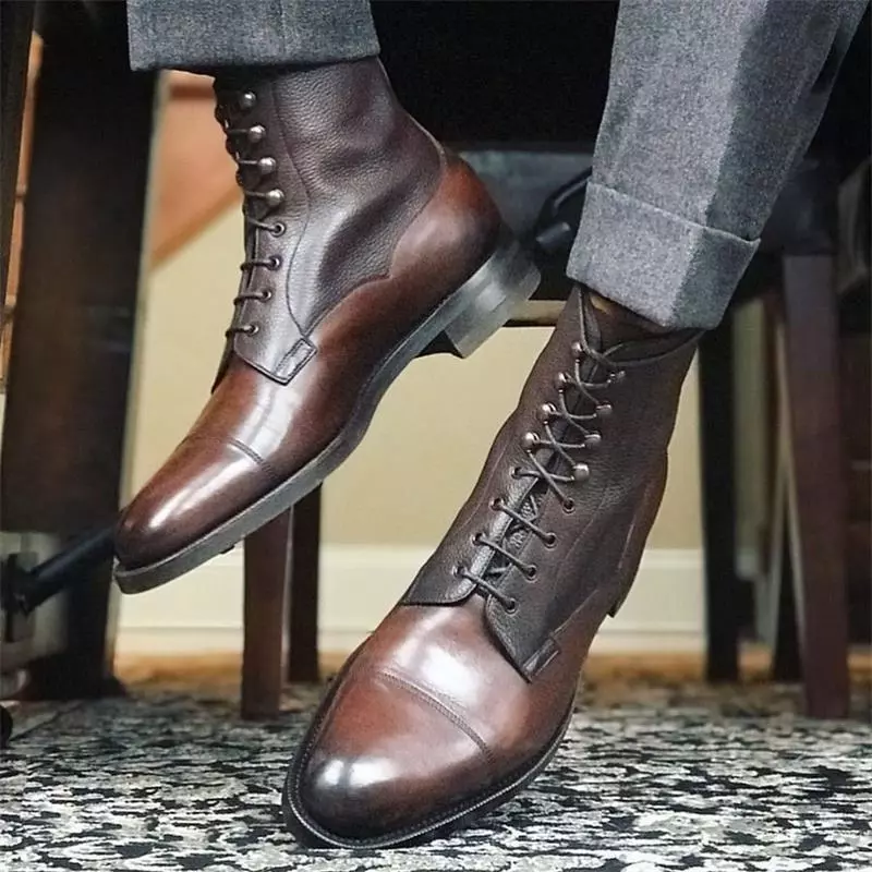Men Short Boots Brown PU Low Heel Wing Tip Lace Up Dress Shoes