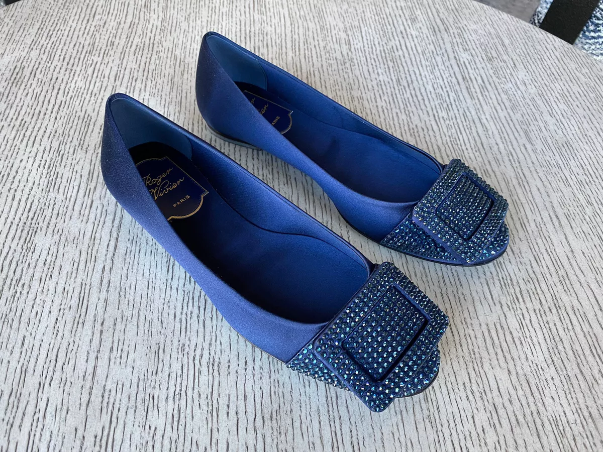 1150 NEW 100 Auth Roger Vivier Blue Satin Swarovski Crystal