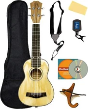 Barcelona Solid Ash Wood Soprano Ukulele Bundle with Gig Bag, Stand, Tuner