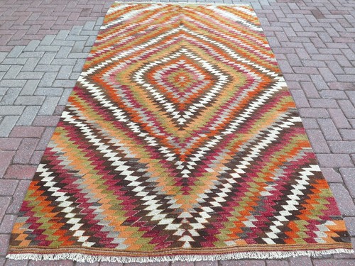 Antique Antalya Classic Kilim, Diamond Designed Rug, 5x9 Rug Wool Carpet 60X108"
