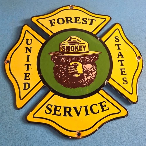 Vintage United States Forest Service Sign - Smokey Bear Porcelain Gas Pump Sign