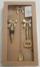 NIP BALLARD DESIGNS 3-PIECE GOLD-TONE BOW BAR TOOL SET STOPPER MIXER OPENER