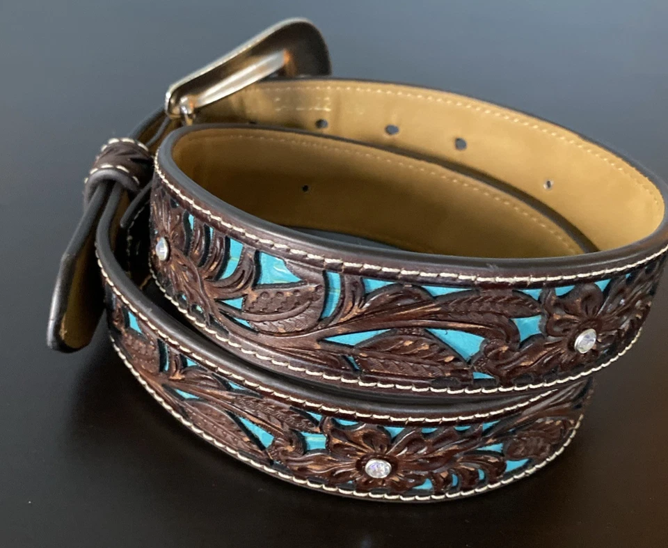 ARIAT Cinturón de Cuero Tooled Para Mujer 30” Turquesa Incrustación Estrás Western Boho Foto 4 de 4