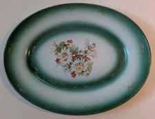 c.1900 Victorian Platter Ironstone Large Green Hand Painted Daisy Floral Gold 