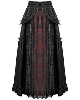 Dark In Love Damen Barock Gothic Steampunk Spitze Lagenlook Maxi Rock Schwarz Rot