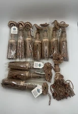 LOT OF 11 BUTTON KEY BEADED TASSELS PUFF BALLS BROWN GOLD BEIGE TAN Silk Rope