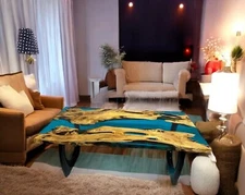 Unique Blue Epoxy Resin Rectangle Dining Table Sofa Centerpiece Wood Top