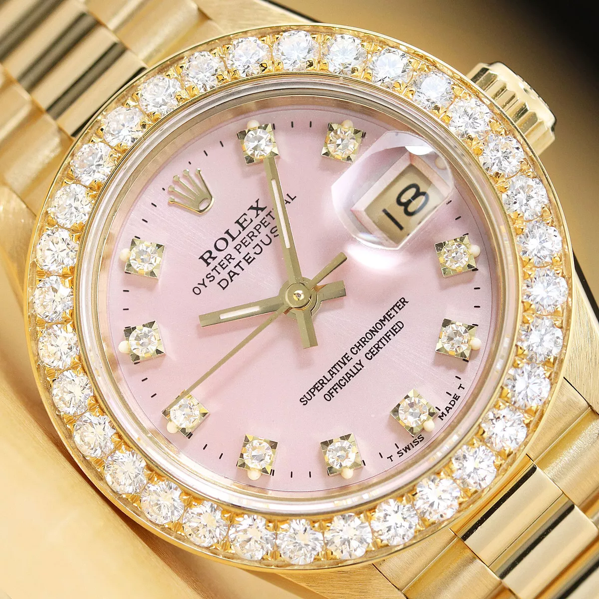 ROLEX LADIES PRESIDENT PINK FACTORY DIAL 1.5 CT DIAMOND BEZEL 18K GOLD WATCH BOX