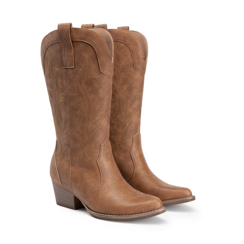Women Western Mid Calf Boots Pointed Toe Low Heel Cowboy Cowgirls Boots - Picture 40 of 58