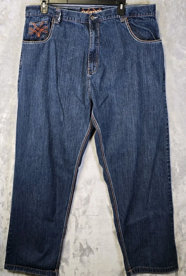 Evolution In Design Jeans Mens 44x34 Blue Orange Design Baggy Skater Y2K Hip Hop - Image 2 of 4