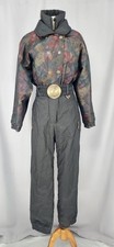 Vintage FERA Ski Jumpsuit Womens 6 Black Floral Insulated Belted Snowsuit 90s