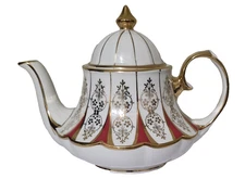 Vtg Sadler Teapot Marquee Carousel w Domed Lid Gold Red on Cream Porcelain 1940s