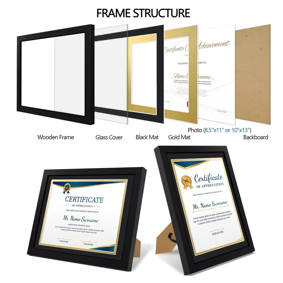 8.5x11 Diploma Frame with Real Glass - Set of 5, Black Over Gold Double Mat -... - Image 4 of 4