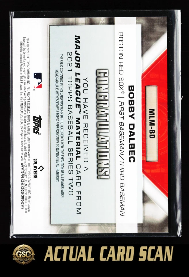 2021 Topps #MLM-BD Bobby Dalbec Major League Relics Black #/199 - Image 2 of 2