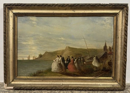 Elegant Romantic-Era French School Signed 19th Century Seaside Oil Painting