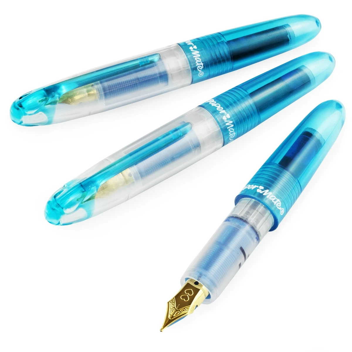 3 x Paper Mate Mini Compact Fountain Pen - Fine Nib - Blue Ink - Blue  Barrel