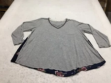 Jolt Blouse Plus 3X Gray Blue Floral Long Sleeve  V Neck Crochet Accent Pocket