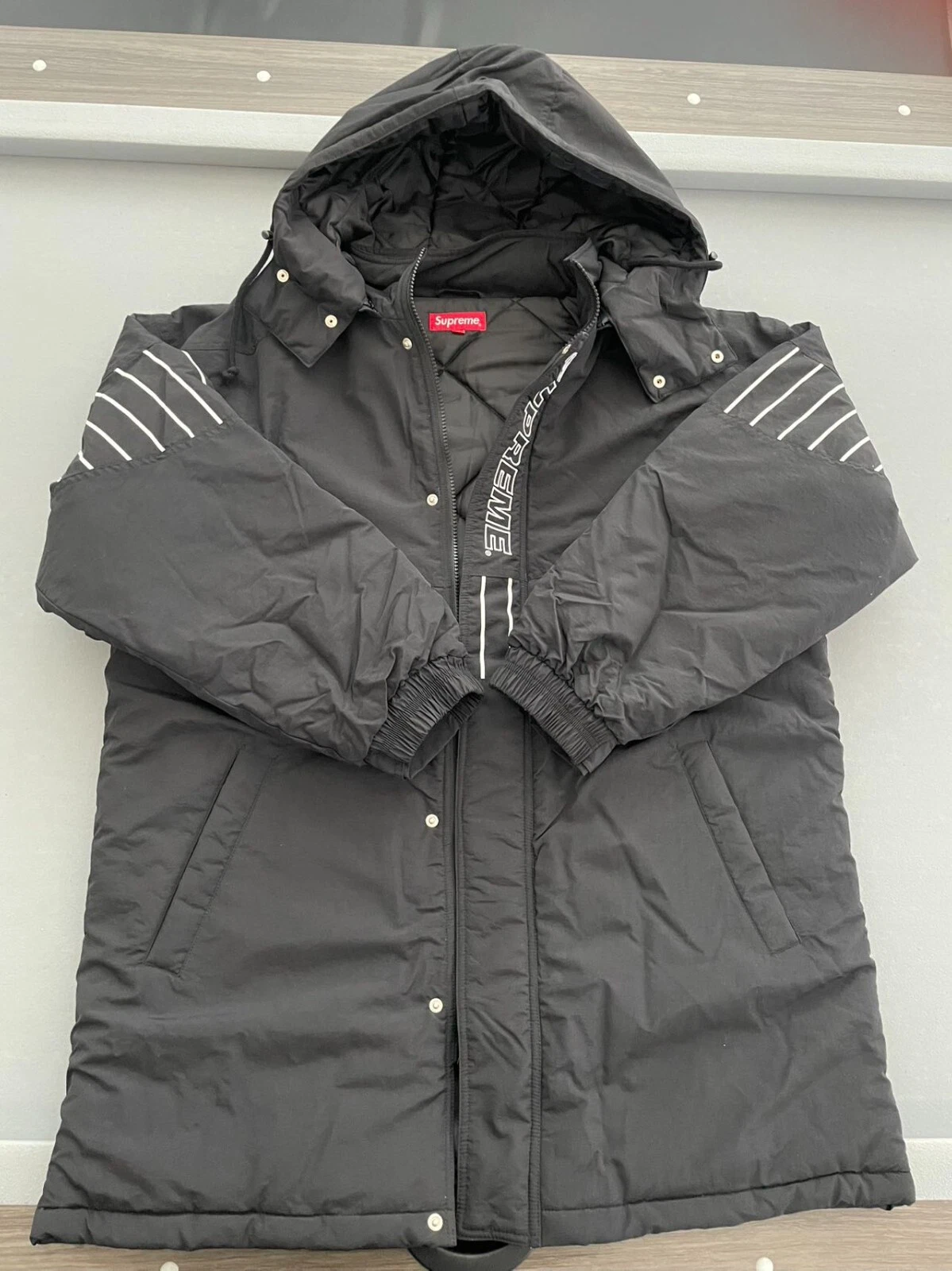 Parka de sport neuve authentique Supreme New York FW19J45 panneau à rayures NOIR MEDIUM