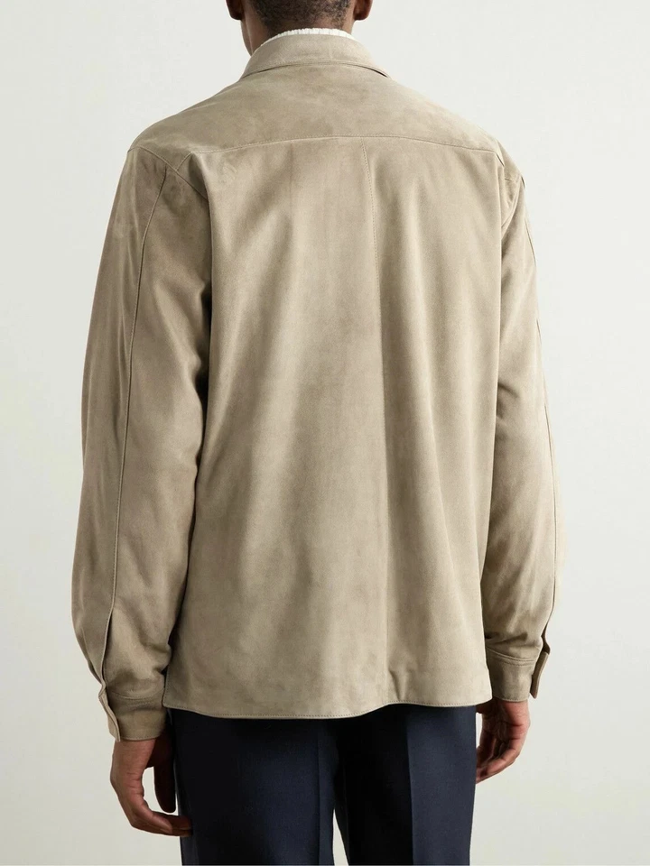 Men Beige Pure Suede Leather Jacket Slim Fit Trucker Jacket Custom Size S M L XL - Image 2 of 3