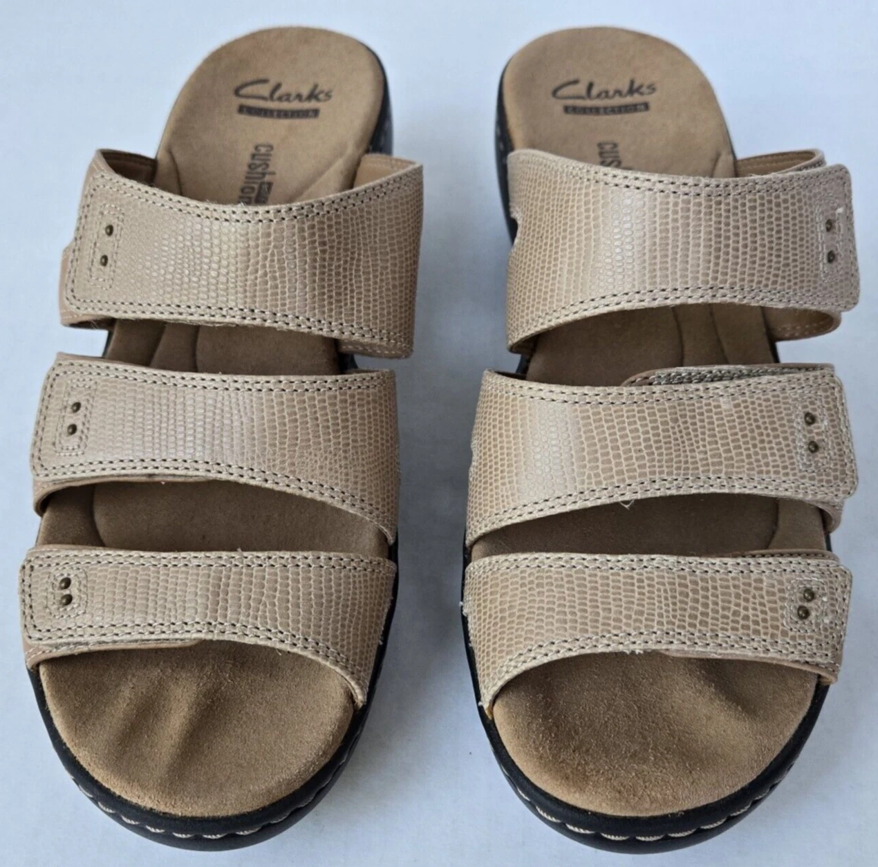 CLARKS Clark's Sandali Donna Taglia 8 Slip On 3 Cinturini Morbidi Cuscino Beige Tan