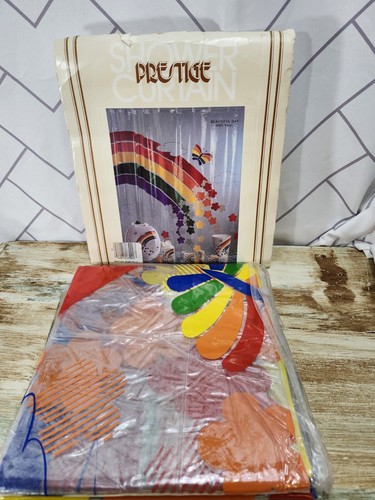 RARE 80s Rainbow Flower Butterfly Clear Vinyl Shower Curtain Prestige NOS