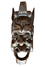 Japanese Demon Mask Onigawara Wood Hand Carved Asian 13" T Sculpture Gift Art