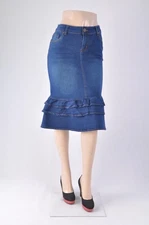 Women Stretch Denim 26" knee length ruffle no slit #WG-76395 indigo wash