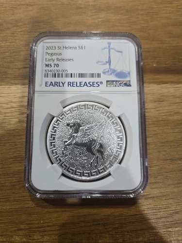 2023 £1 St. Helena "Jennie Norris" Silver Pegasus NGC MS70 ER Blue Label