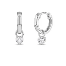 CZ Birthstone Heart 9mm Girls Earrings Hoop/Huggie Dangle - Sterling Silver