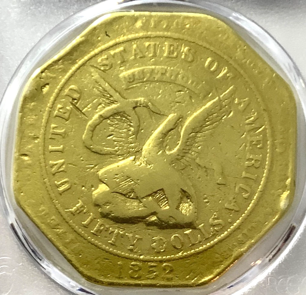1852 California Gold $50 US Assay Office 887 Thousand- PCGS VG Details- RARE!