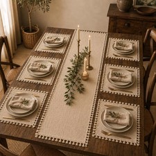 Cotton Table Runner and 6 Placemats Set Beige Tassel Dining Tablecloth