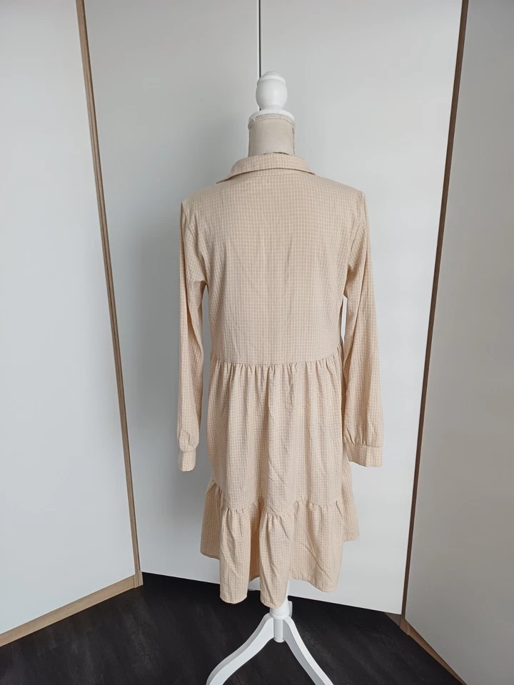 🤩 Beige-weiß Kariertes Langarm Kleid 🌸 Kragen Ausgestellt Business Blogger 38 - Bild 3 von 4
