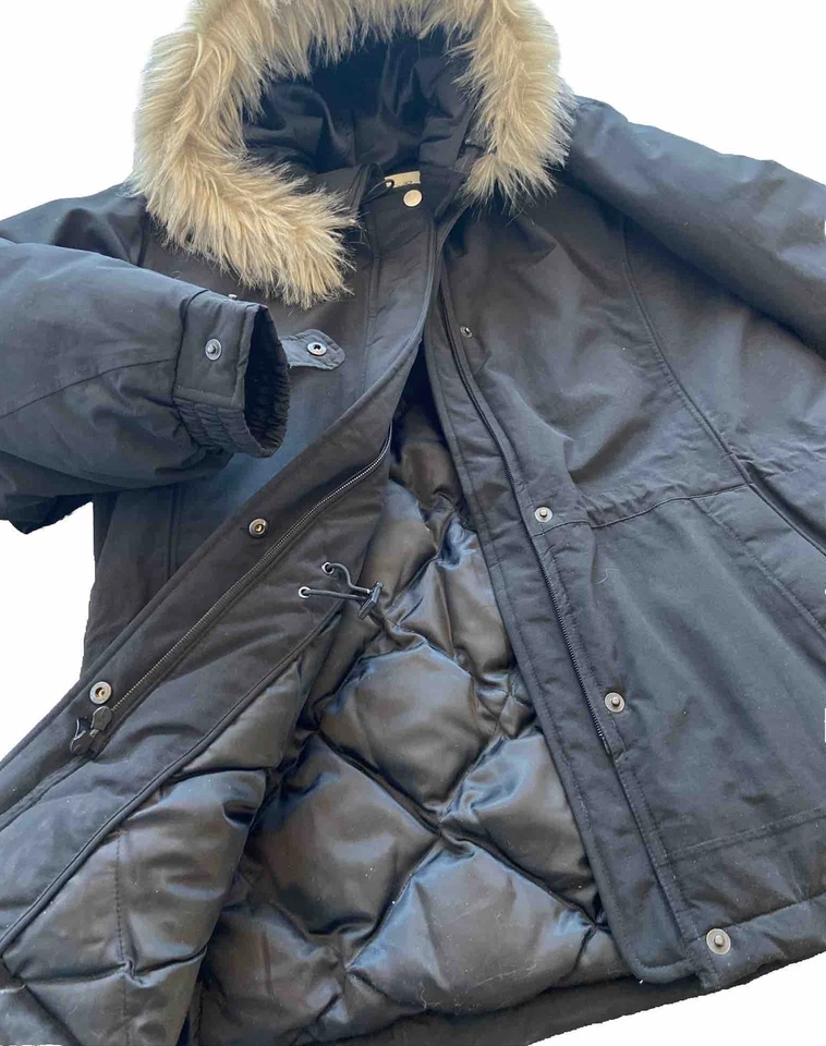 Parka de plumón de ganso Eddie Bauer capucha de piel sintética abrigo de invierno negro para mujer L cremallera a presión Foto 2 de 4