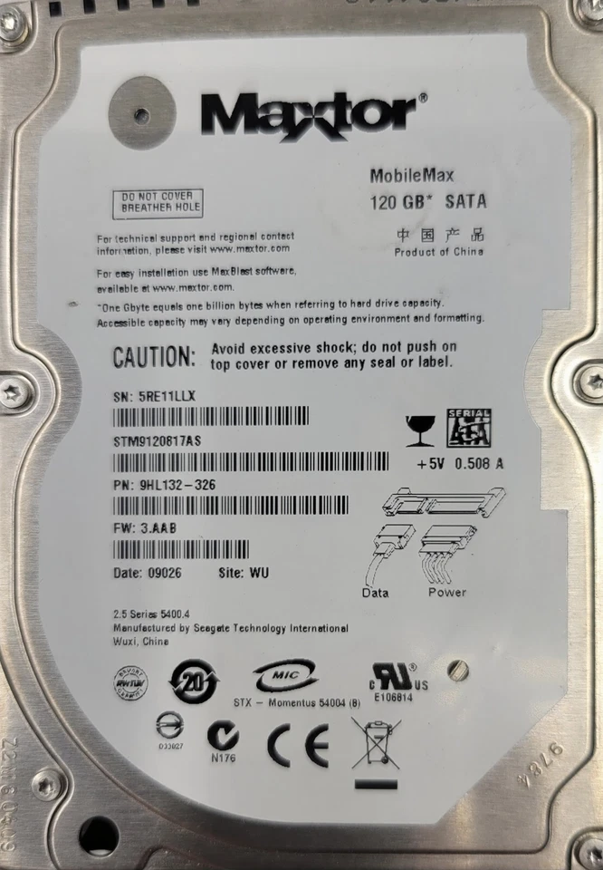 Maxtor STM9120817AS 120GB Internal SATA 5400RPM 2.5" (HDD2H04) HDD - Image 2 of 4