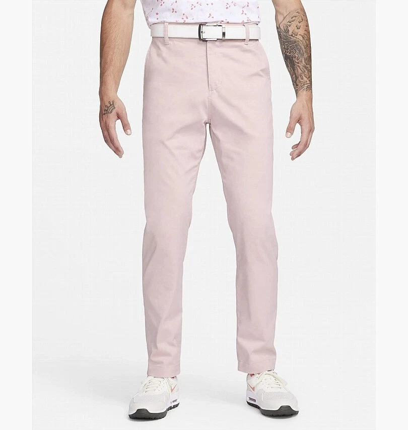 Pantaloni chino da golf Nike Dri Fit UV slim fit rosa Oxford nuovi da uomo 34x32 DA4130 601
