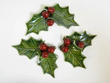 Ceramic Lifesize Holly Sprigs w/ Burgundy Red Berries Holiday Decor  Set of 3