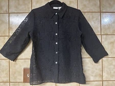 White Stage Boho Retro Dark Whimsycore, Black Lace Button Up Top, Sz M (8-10)