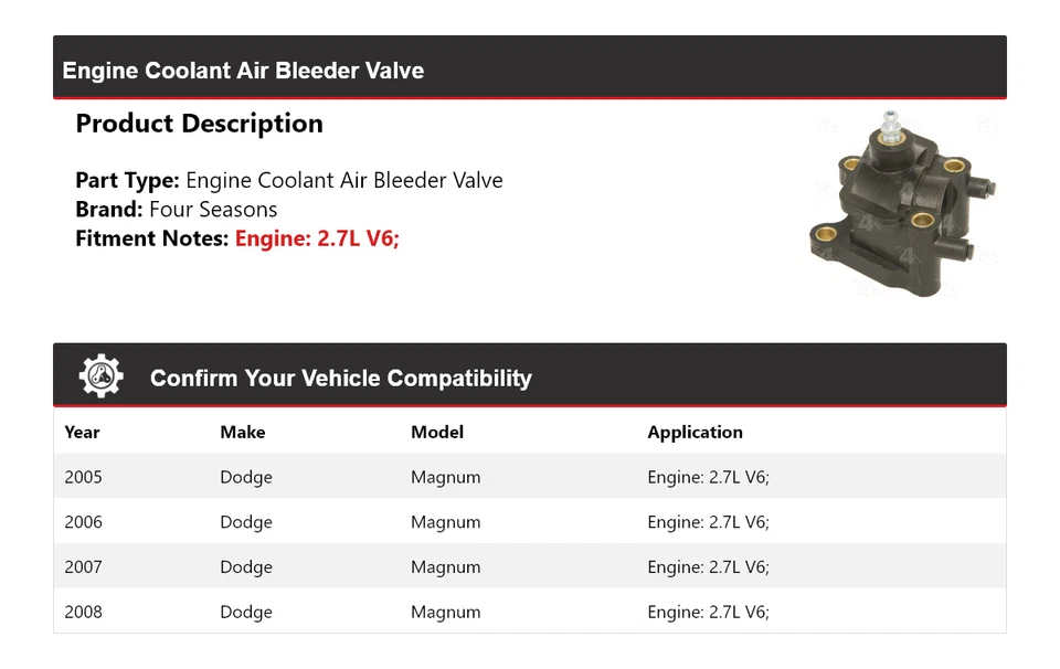 Válvula sangradora de ar líquido de arrefecimento do motor Dodge Magnum 2.7L V6 2005-2008 4 estações - Imagem 2 de 4