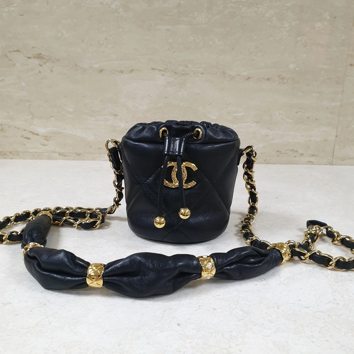 Handbags Chanel Chanel Mini Bucket Fluffy Chain Black Lambskin Gold Hardware Bag