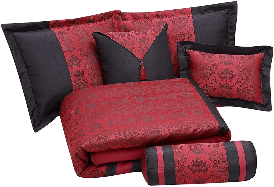 Chezmoi Collection Oriental Inspired 7-Piece Black Red Jacquard Comforter Set - Image 4 of 4
