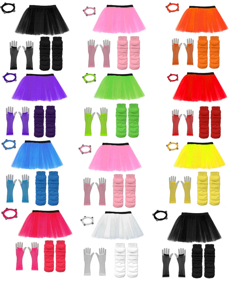80s FANCY DRESS HEN PARTY COSTUME SET NEON UV FLO TUTU SKIRT LEG WARMER GLOVES