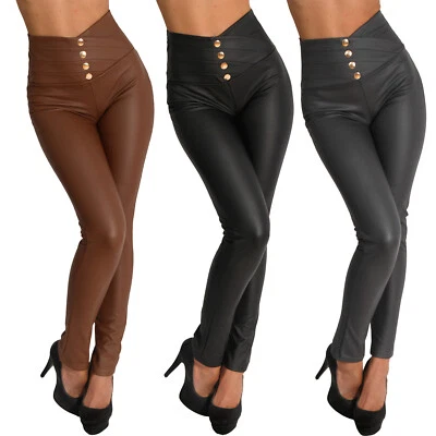 Leggings Hose Zier Knöpfe Leder Imitat Wet Look High Waist Jeggings Optik Gold - Bild 1 von 4