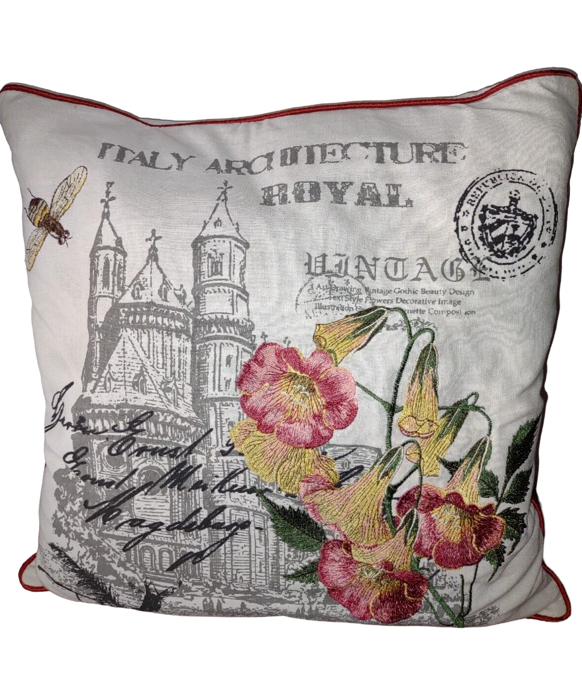 Embroidered Floral Bumblebee ITALY Architecture Royal Throw Pillow 16" x 16"
