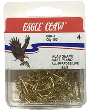100 Eagle Claw Plain Shank All-Purpose Live Bait Hook Size 4 Gold 089-4