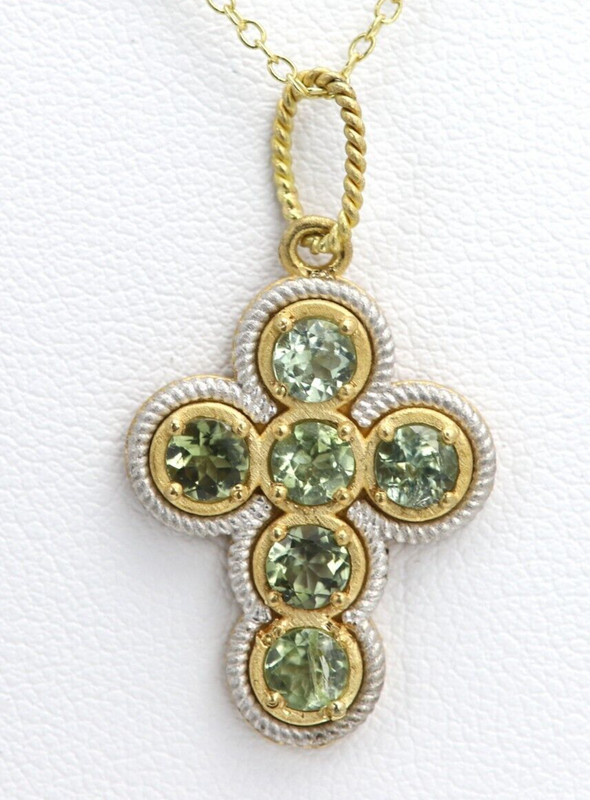 18k Vintage Cross  Natural  Green Tourmaline Yellow and White Gold mat Finish