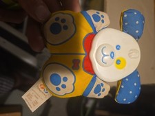 Fisher Price Dog Rattle Vintage 1990 1496 Plush Blue Yellow Hard Face Polka Dot